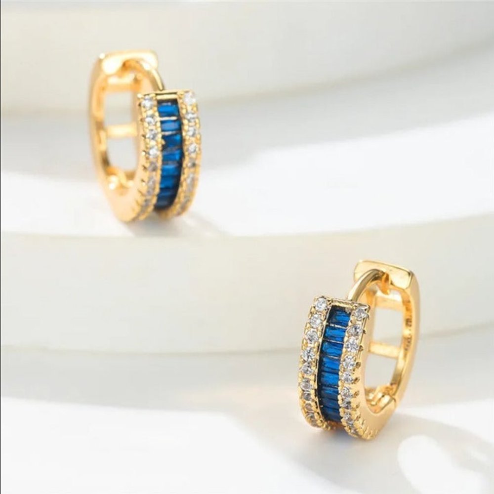 14K Gold Womens 1ct Blue Sapphire Gemstone 2ct Diamond Huggie Hoop Earrings 14 K - Picture 5 of 8